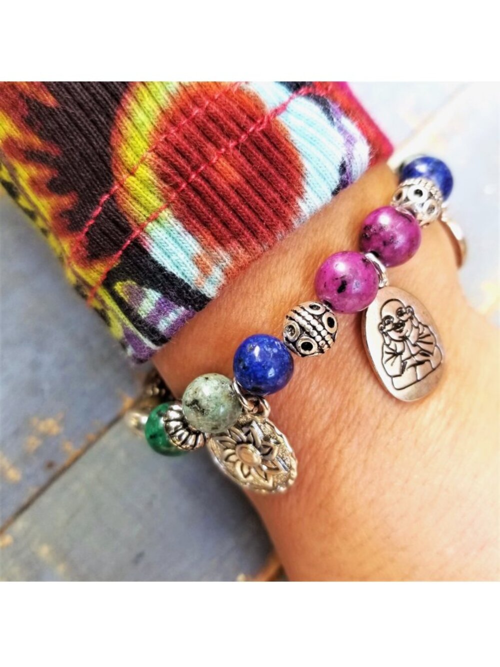 Artisan Chakra Bracelet Buddha Lotus Charm Colorful Gemstone Yoga Meditation - Picture 7 of 12